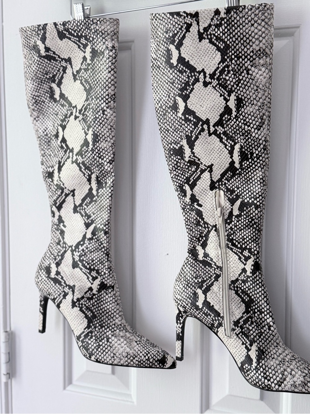 Snake-Print Over-the-Knee Stiletto Boots - Black & White